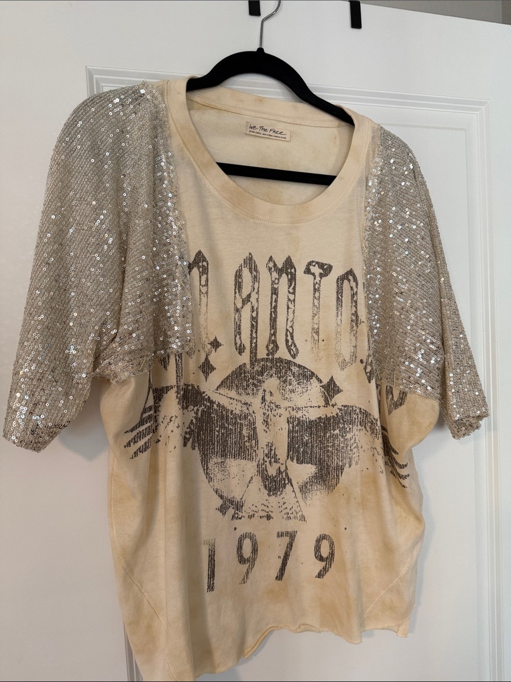 We The Free Sequin Sleeve Graphic Tee in Beige & Silver